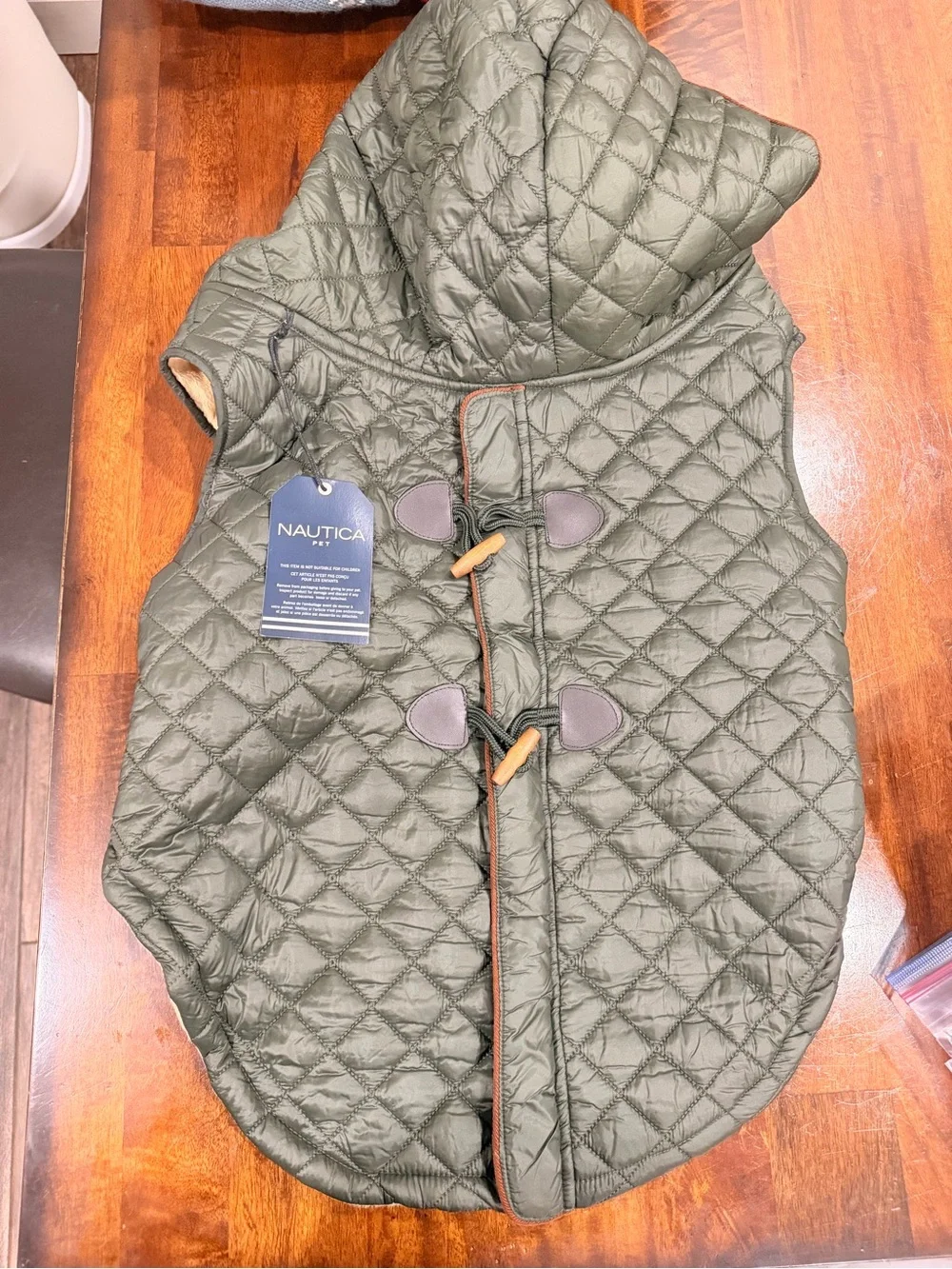 Dog Pet Nautica Olive Green Quilted Hooded Vest with Beige Lining